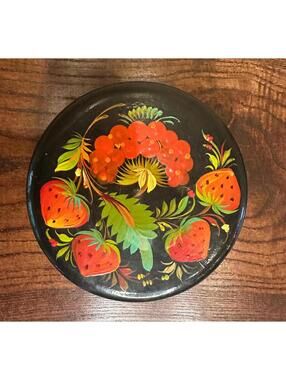 Vintage USSR Black Lacquer Round Wooden Box with Strawberries